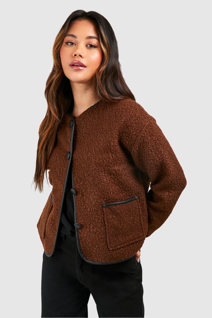 Womens Contrast Trim Wool Look Jacket - Brown - 8, Brown