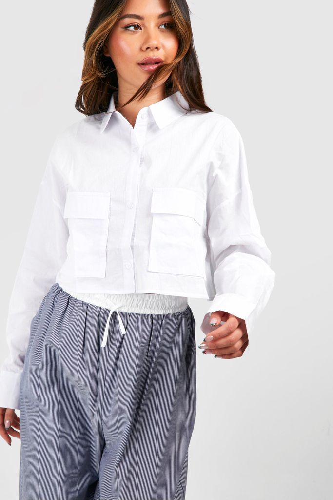 Womens Cotton Double Pocket Cropped Shirt - White - 6, White