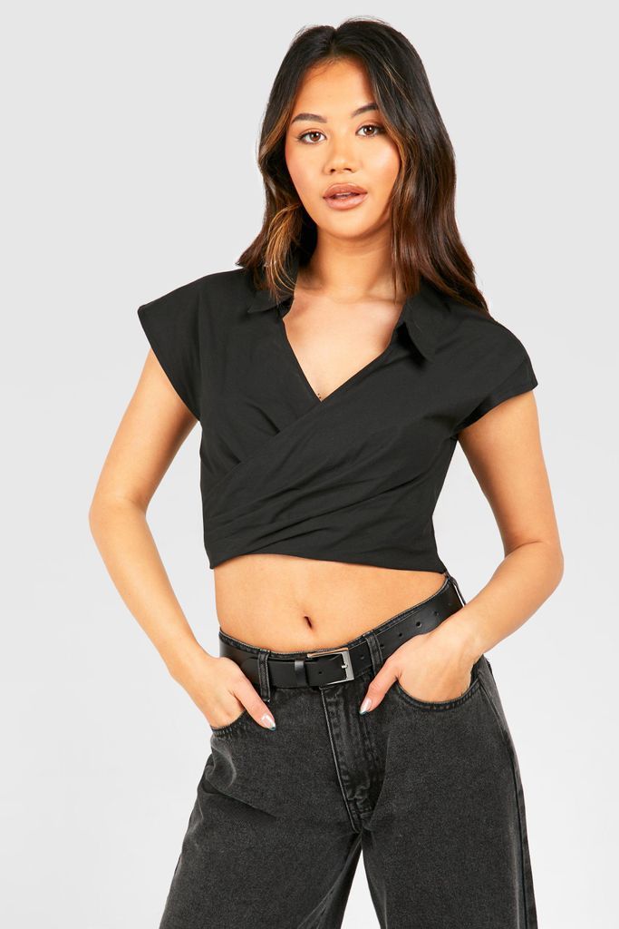 Womens Cotton Wrap Cropped Shirt - Black - 6, Black