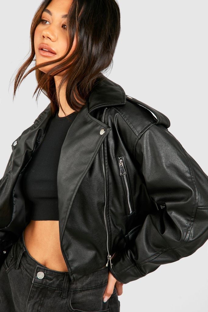 Womens Cropped Belted Faux Leather Biker Jacket - Black - 8, Black