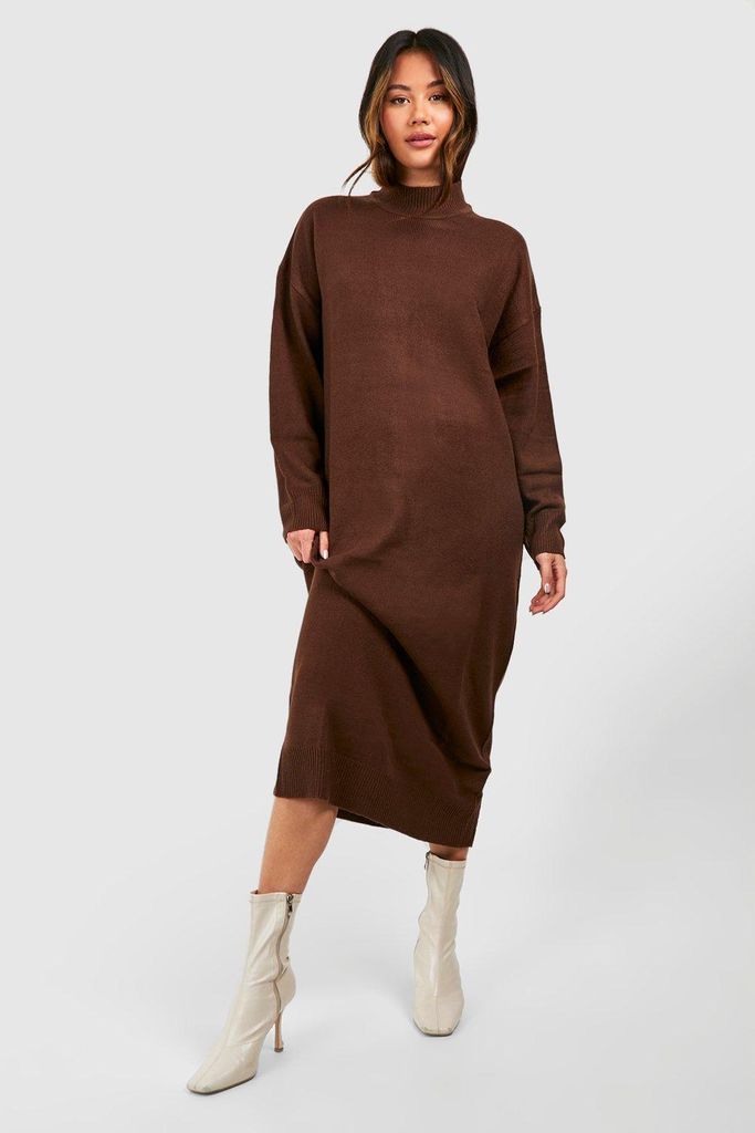 Womens High Neck Knitted Midaxi Dress - Brown - 8, Brown