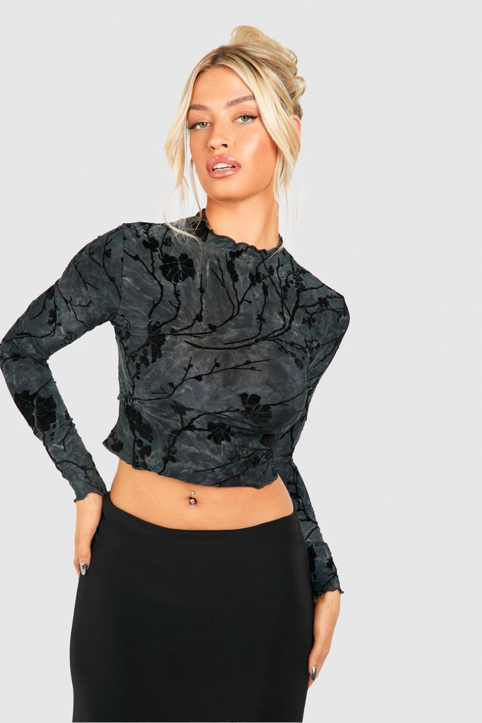 Womens Long Sleeve Abstract Patterned Top - Black - S, Black
