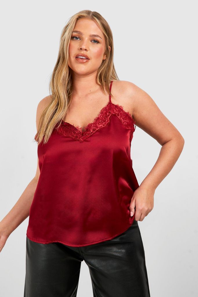 Womens Plus Contrast Lace Satin Cami Top - Red - 16, Red