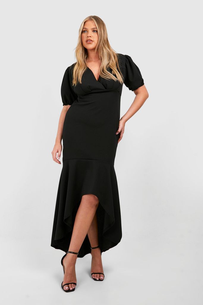 Womens Plus Puff Sleeve Fishtail Maxi Dress - Black - 16, Black