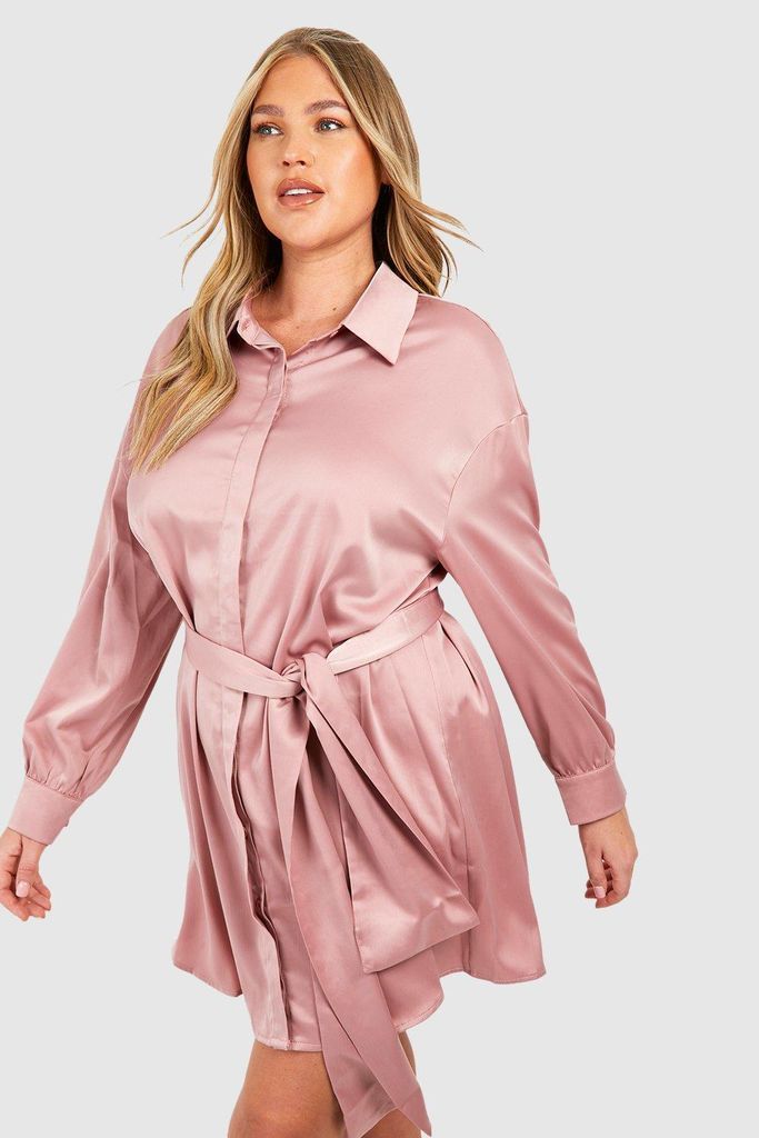 Womens Plus Satin Tie Belt Shirt Dress - Pink - 16, Pink