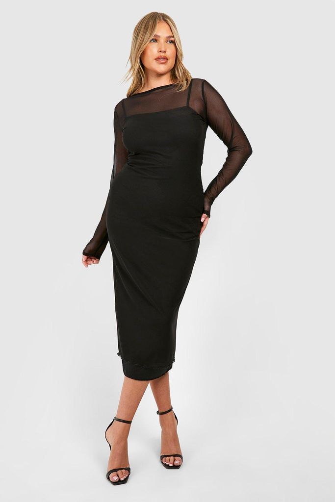 Womens Plus Sheer Mesh Contrast Midaxi Dress - Black - 16, Black