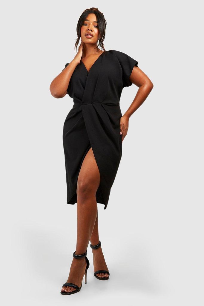 Womens Plus Wrap Front Midi Dress - Black - 16, Black
