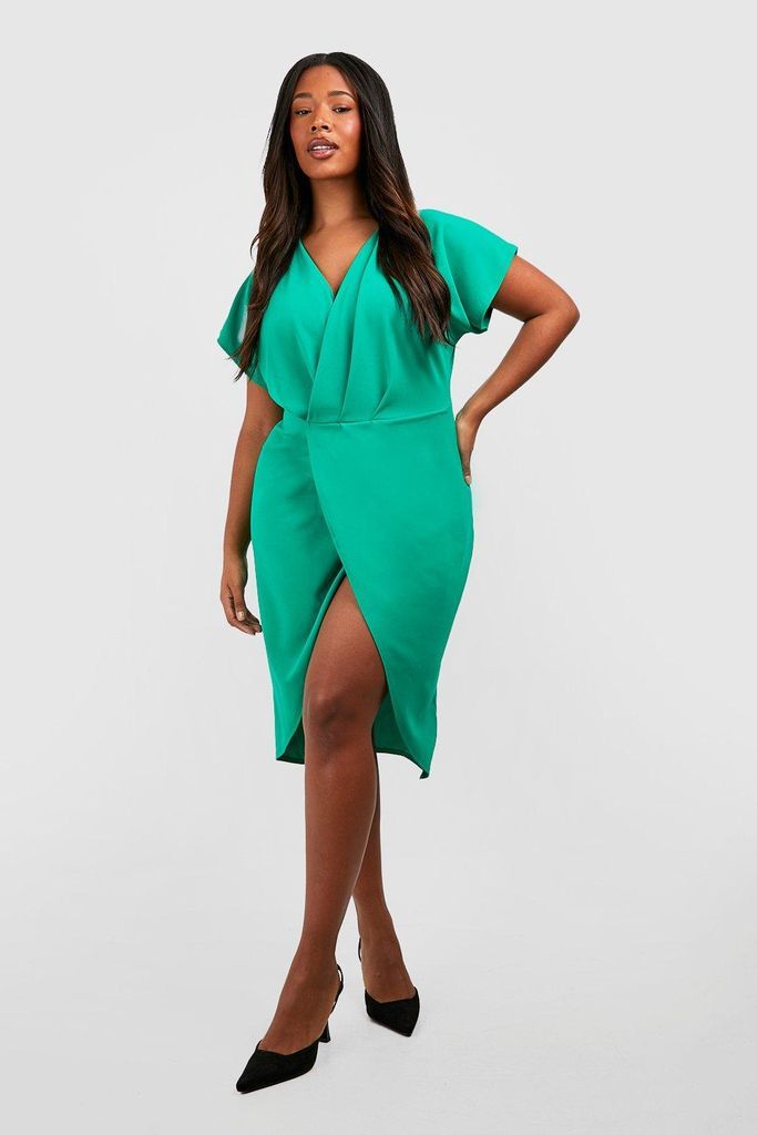 Womens Plus Wrap Front Midi Dress - Green - 16, Green