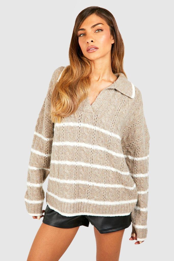 Womens Soft Knit Cable Stripe Polo Collar Jumper - Brown - S, Brown