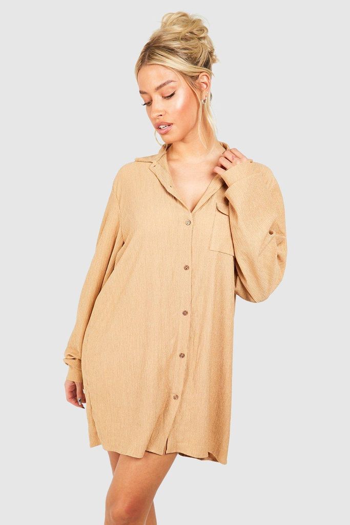 Womens Textured Mini Shirt Dress - Beige - 8, Beige