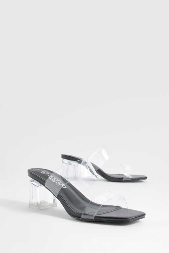 Womens Wide Fit Clear Double Strap Low Block Heeled Mules - Black - 3, Black