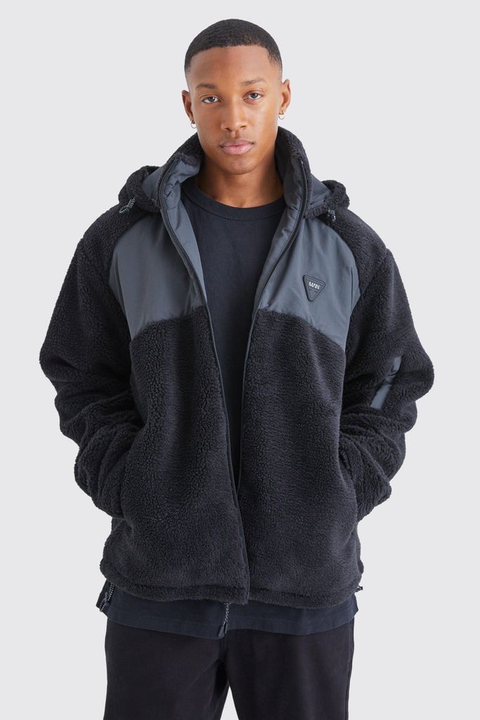 Men's Borg & Nylon Mix Jacket With Hood - Black - S, Black
