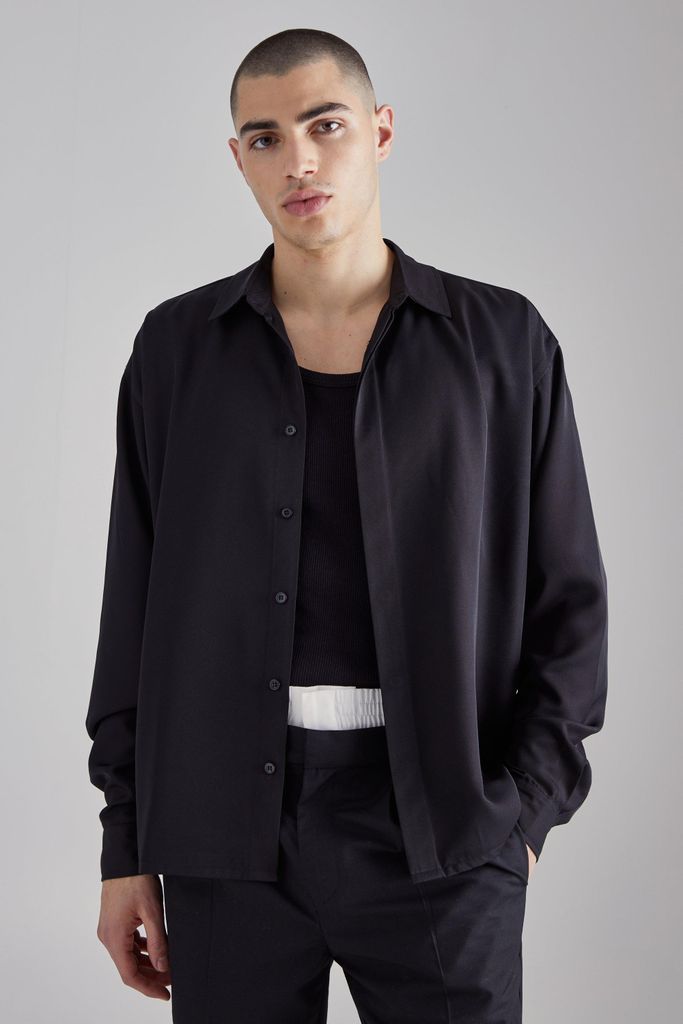 Men's Boxy Concealed Placket Soft Twill Shirt - Black - S, Black
