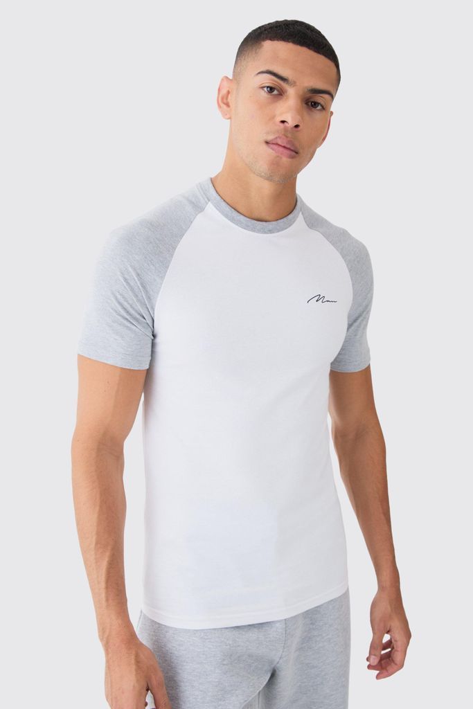 Men's Muscle Fit Man Signature Raglan T-Shirt - White - S, White