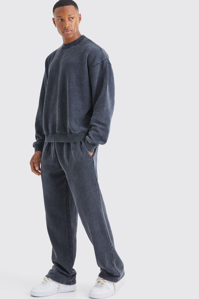 Men's Oversized Boxy Acid Wash Sweatshirt Tracksuit - Grey - S, Grey