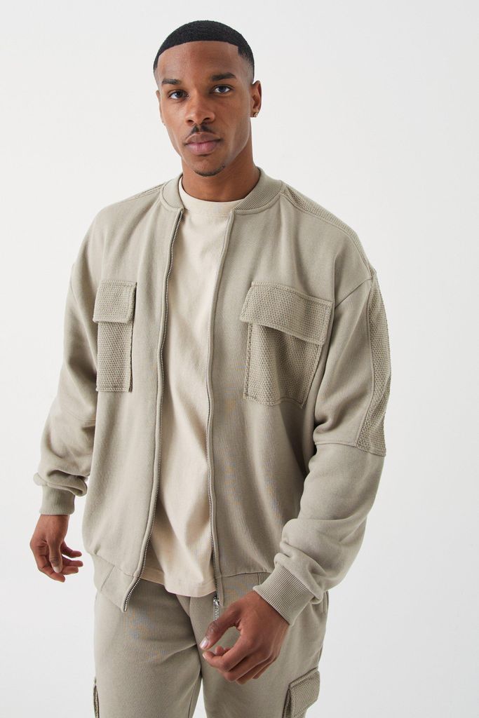 Men's Oversized Boxy Textured Pocket Bomber Jacket - Beige - S, Beige