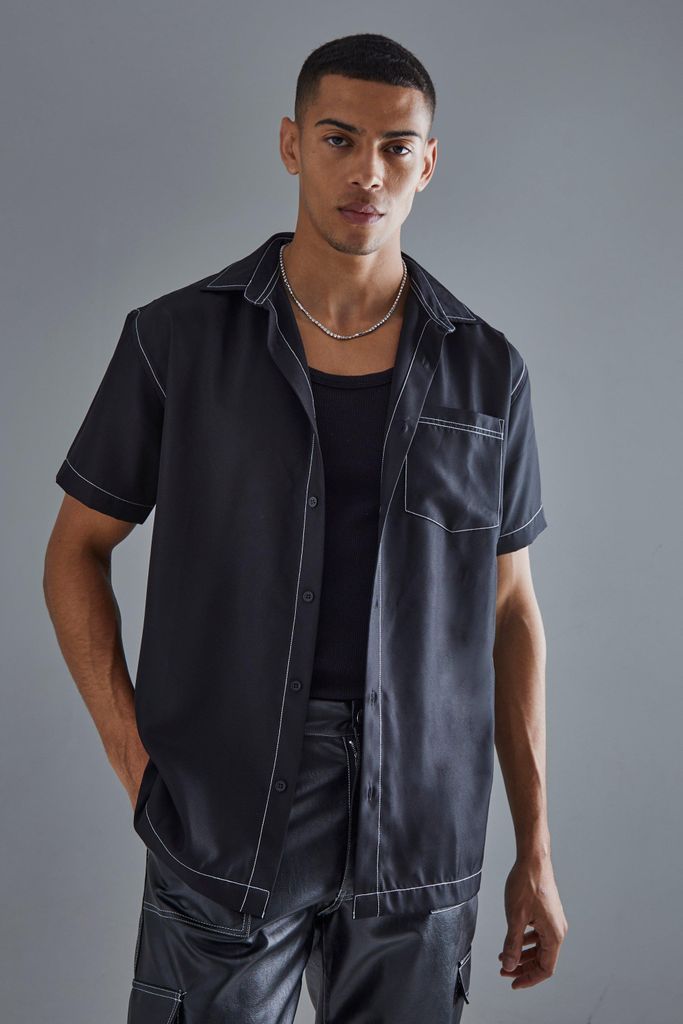 Men's Oversized Soft Twill Contrast Stitch Shirt - Black - S, Black