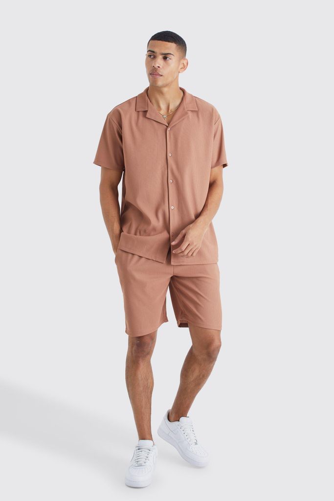 Men's Short Sleeve Oversized Shirt And Short Set - Brown - S, Brown