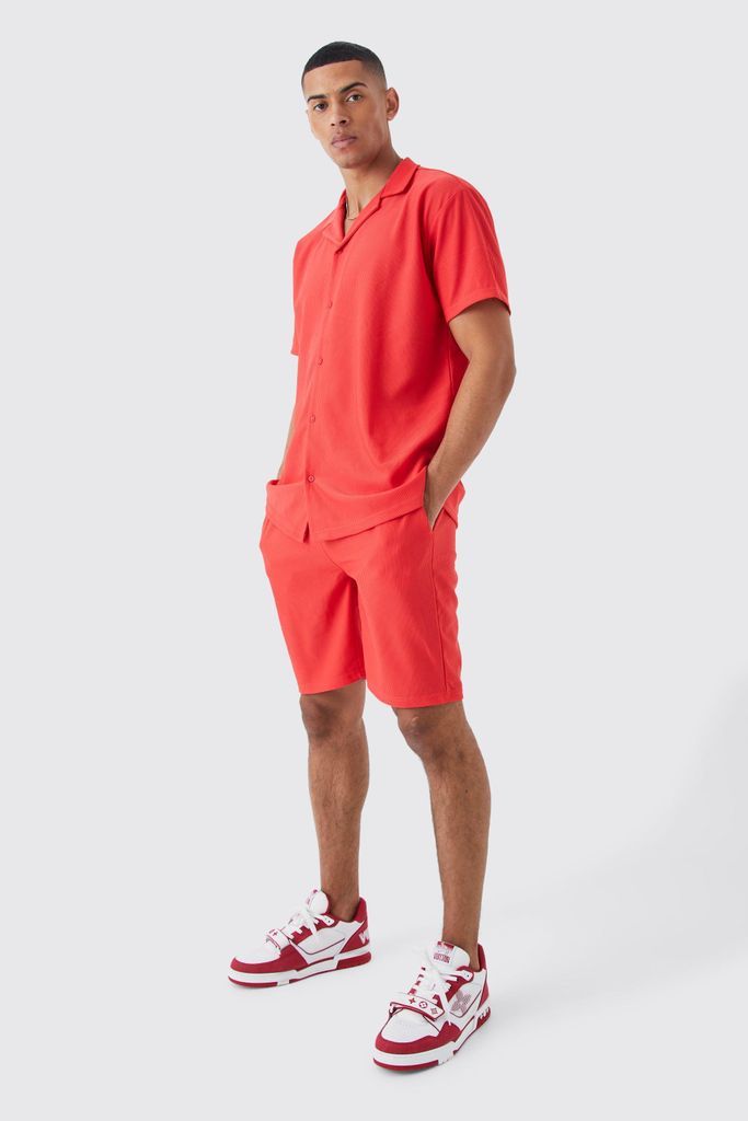 Men's Short Sleeve Oversized Shirt And Short Set - Red - S, Red