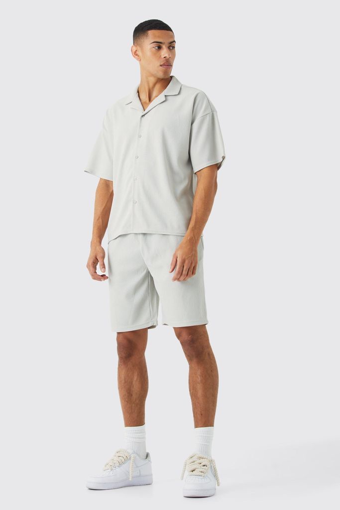 Men's Short Sleeve Ribbed Boxy Shirt And Short Set - Beige - S, Beige