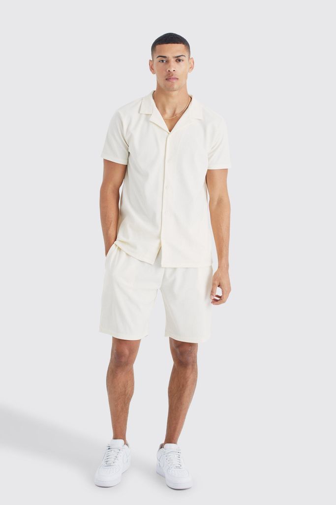 Men's Short Sleeve Ribbed Shirt And Short Set - Cream - S, Cream