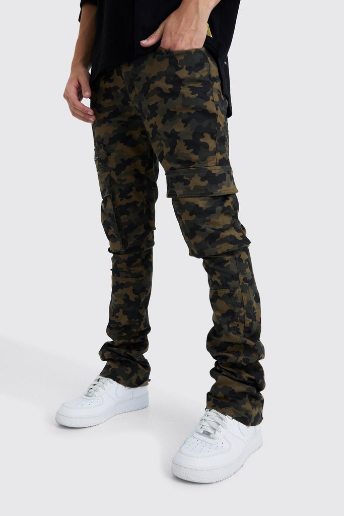 Men's Skinny Stacked Flare Gusset Camo Cargo Trouser - Brown - 28, Brown