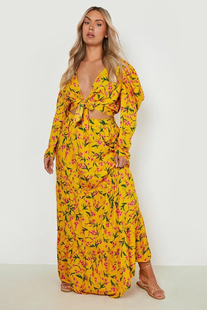 Womens Plus Floral Maxi Skirt Puff Sleeve Co-Ord - Yellow - 28, Yellow