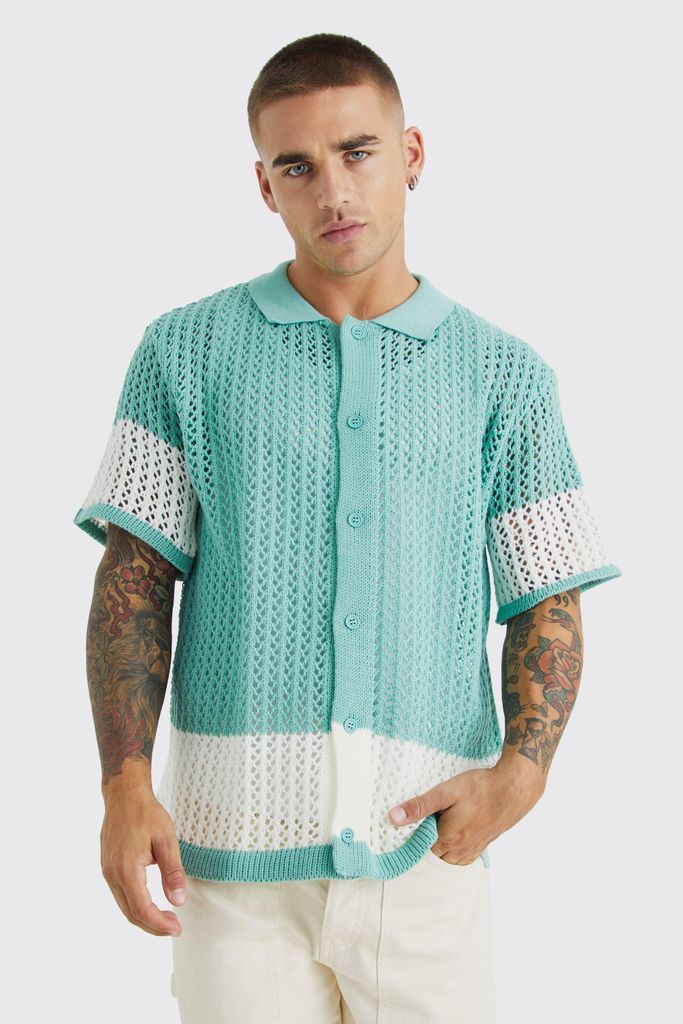 Men's Short Sleeve Stripe Knitted Open Stitch Shirt - Green - M, Green