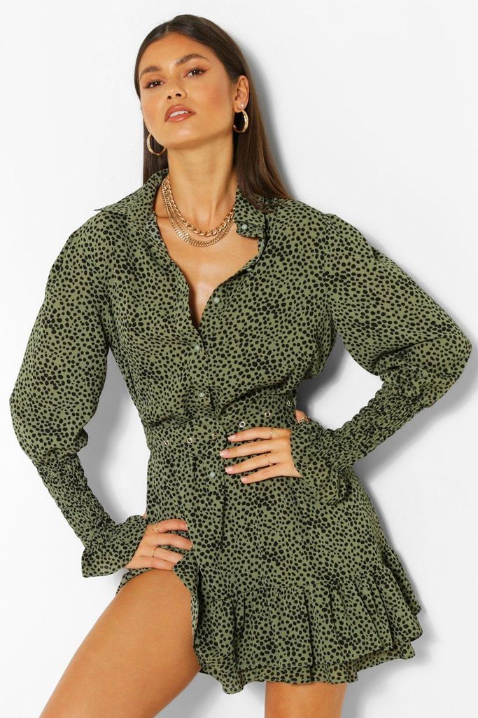 Womens Spot Print Frill Hem Belted Shirt Dress - Green - 8, Green