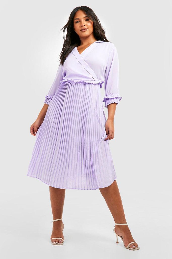 Womens Plus Ruffle Detail Pleated Midi Dress - Purple - 24, Purple