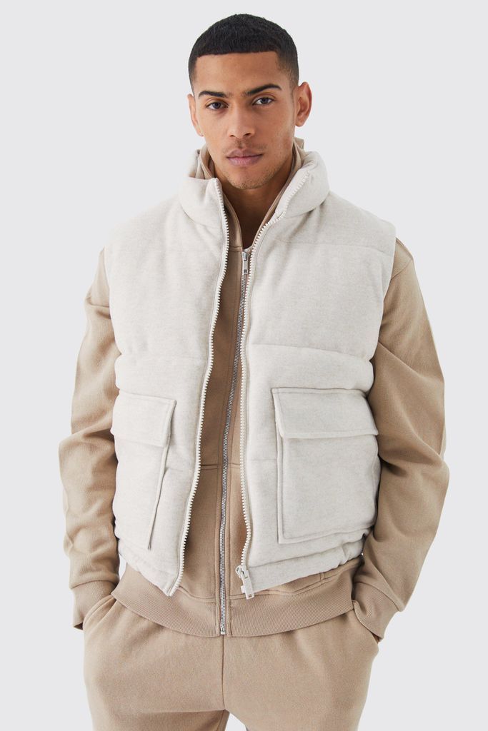 Men's Funnel Neck Melton Patch Pocket Puffer Gilet - Beige - S, Beige