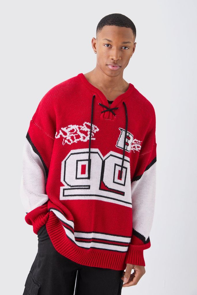 Men's Oversized Lace Up Hockey Jumper - Red - S, Red