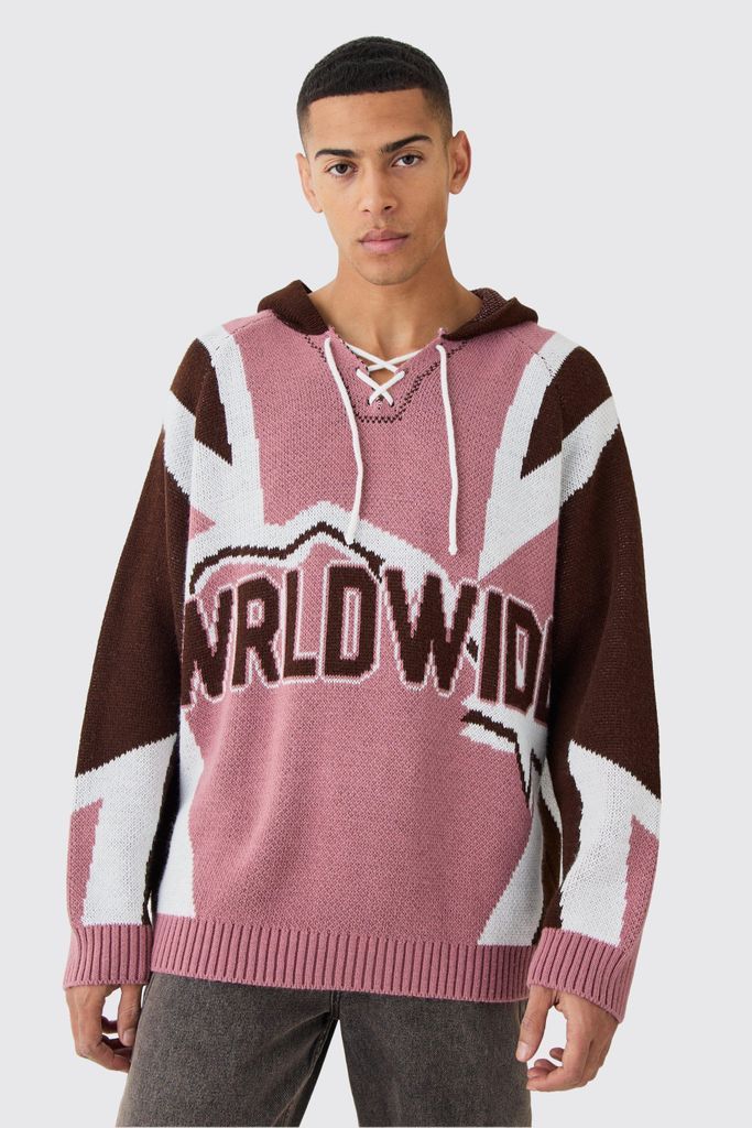 Men's Oversized Lace Up Hockey Jumper With Hood - Pink - S, Pink