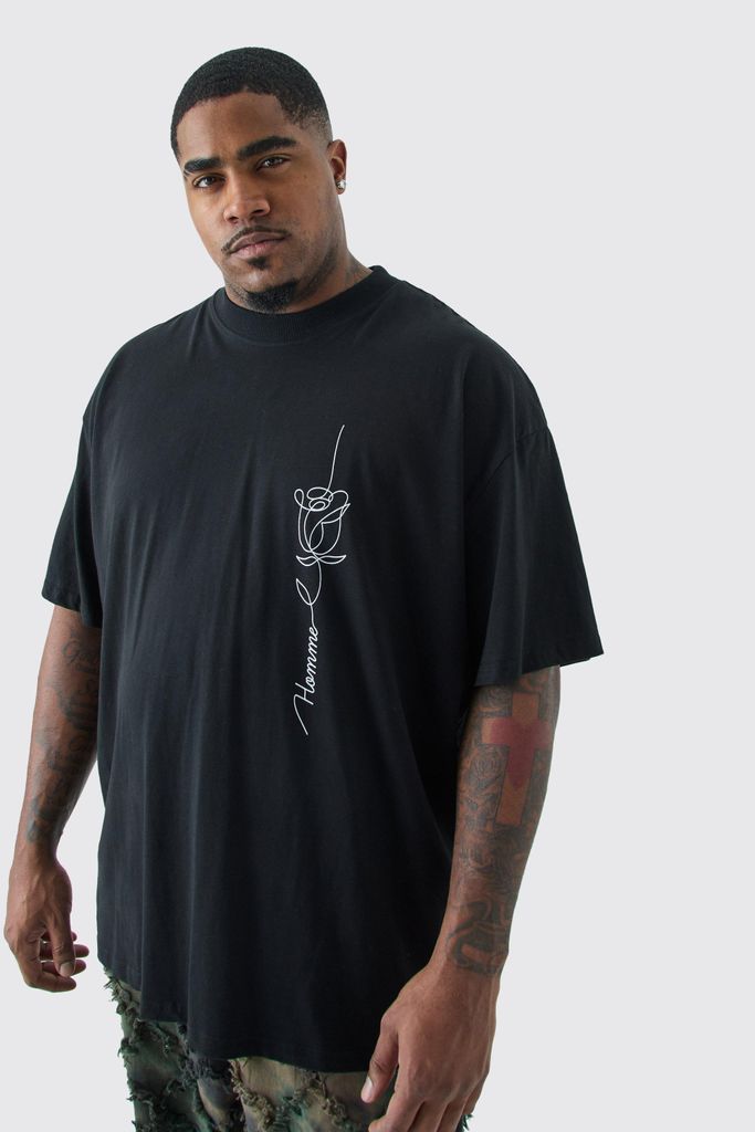 Men's Plus Oversized Floral Stencil Graphic T-Shirt - Black - Xxxl, Black