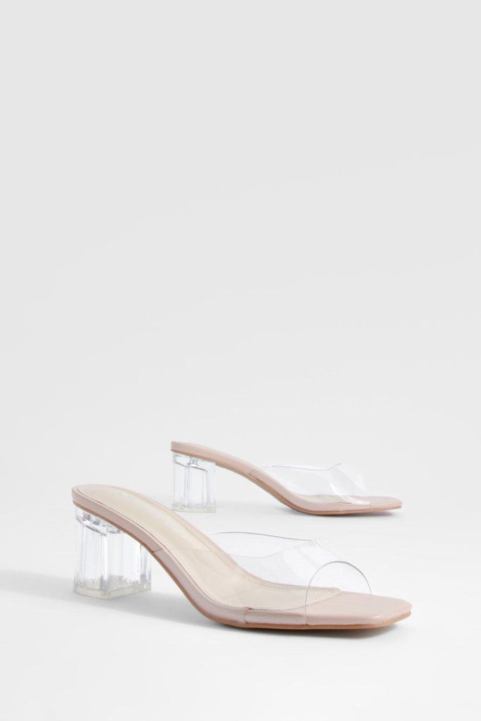 Womens Clear Block Heeled Mules - Beige - 3, Beige