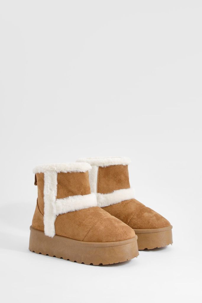 Womens Fur Detail Platform Cosy Boots - Brown - 3, Brown