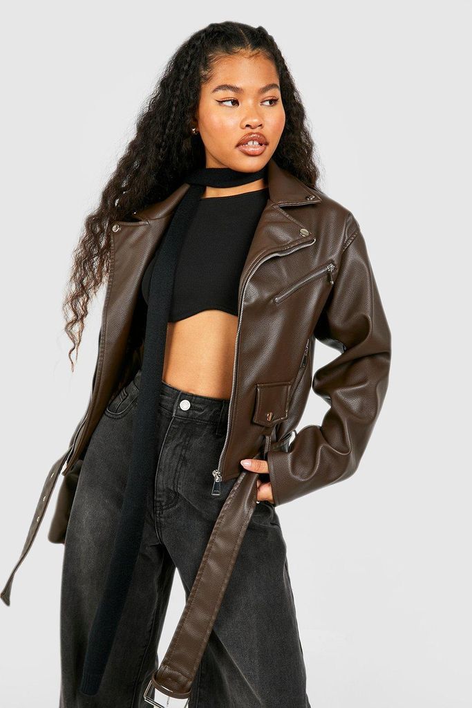 Womens Petite Faux Leather Oversized Biker Jacket - Brown - 6, Brown