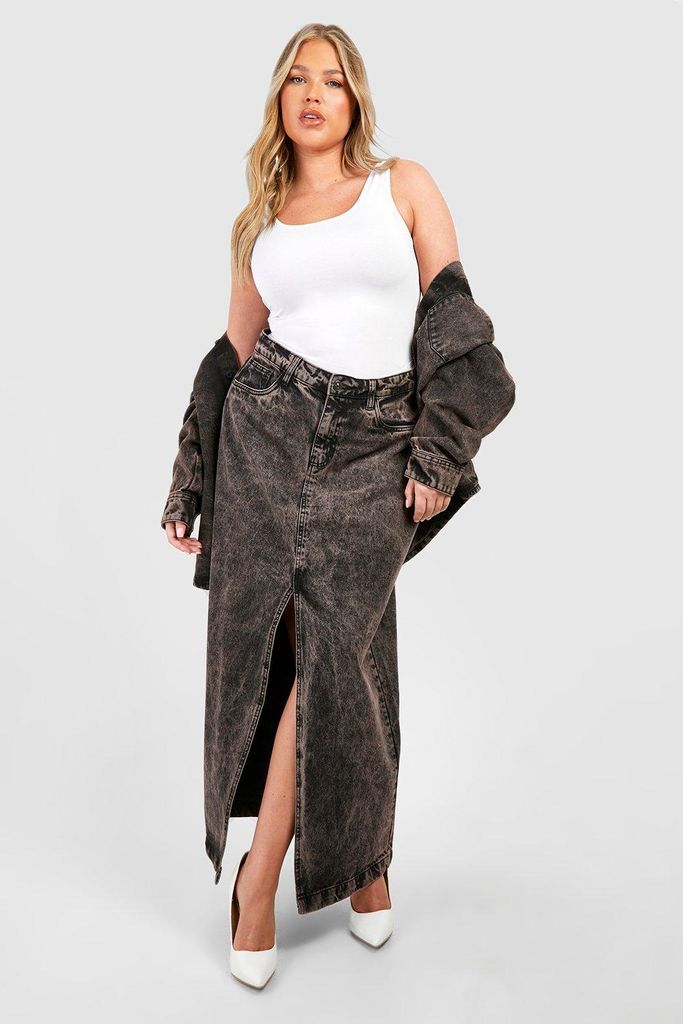 Womens Plus Basic Split Front Denim Maxi Skirt - Brown - 16, Brown
