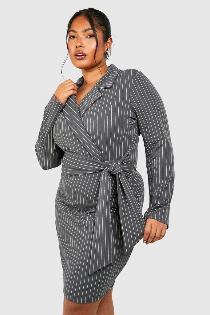 Womens Plus Crepe Pinstripe Belted Blazer Dress - Grey - 16, Grey