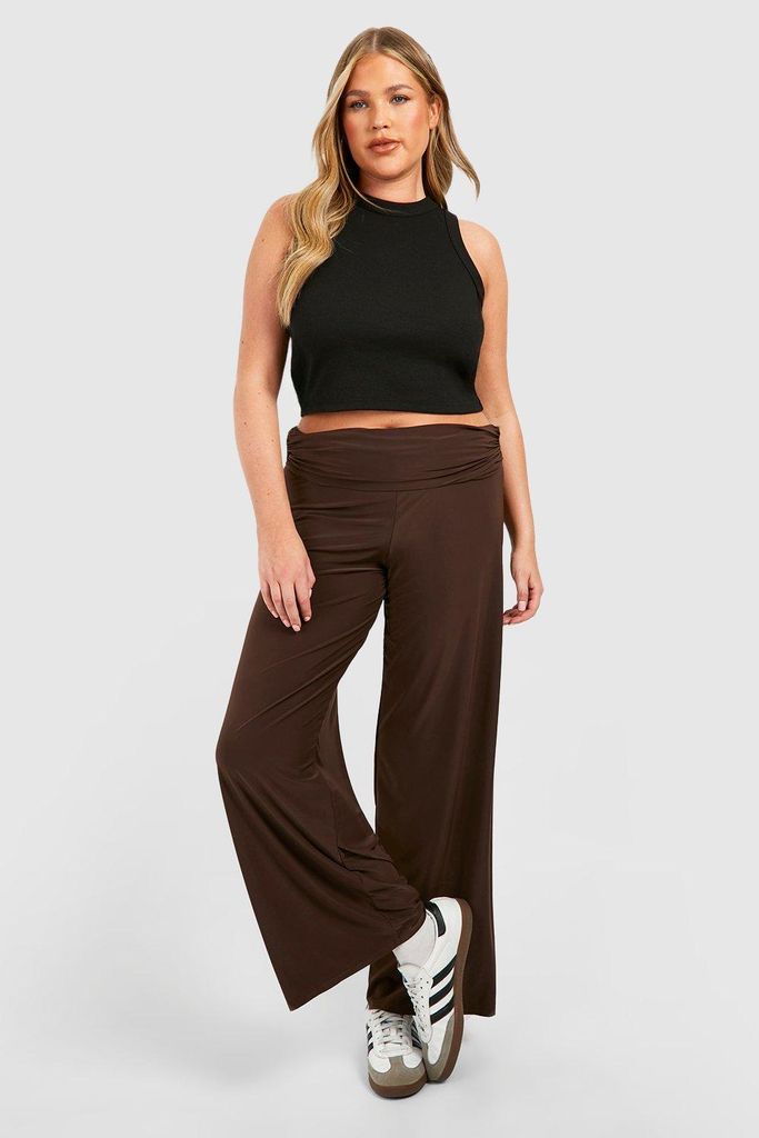 Womens Plus Slinky Folded Over Waist Straight Leg Trousers - Brown - 16, Brown