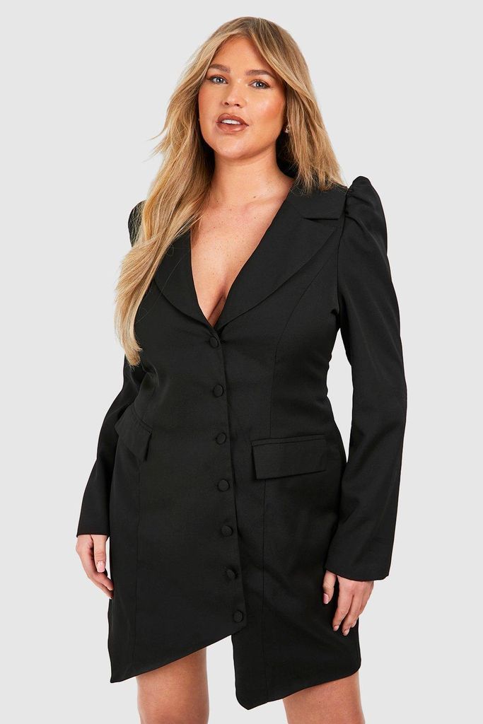 Womens Plus Woven Asymmetric Wrap Front Blazer Dress - Black - 16, Black