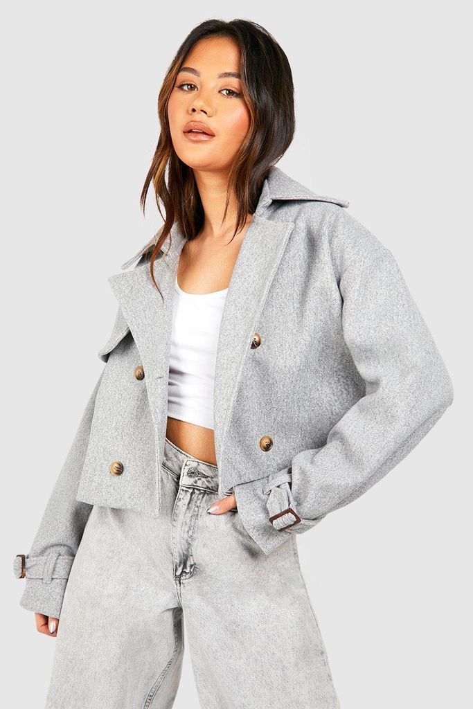 Womens Wool Look Cropped Trench Coat - Grey - 8, Grey