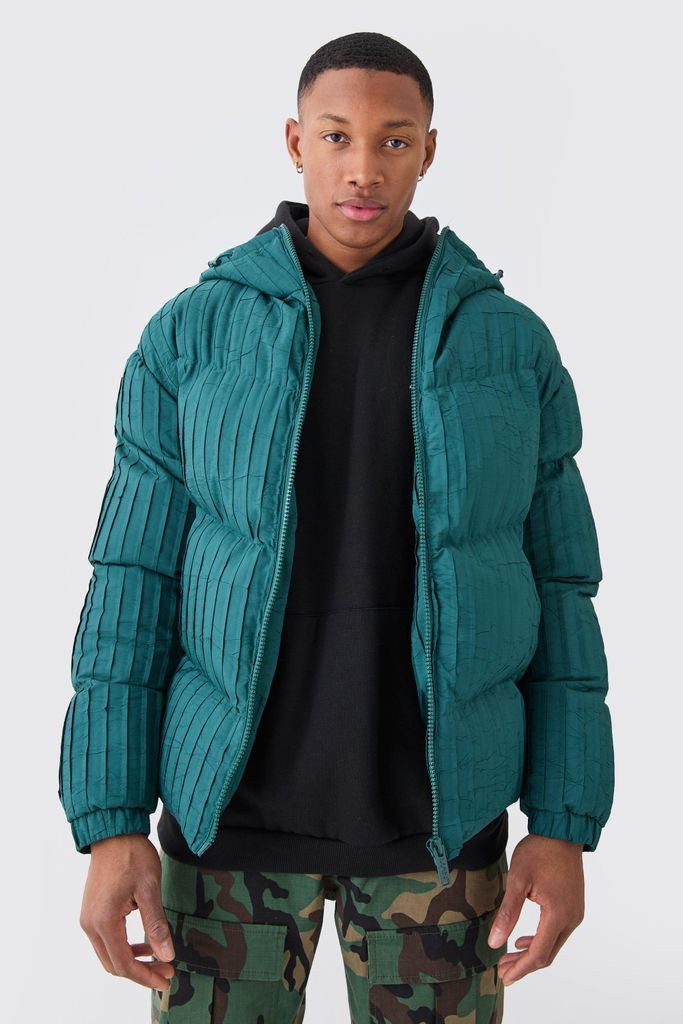 Men's Pleated Puffer With Hood - Green - S, Green