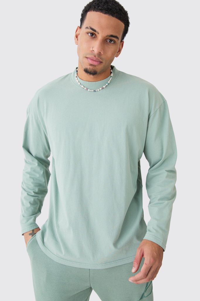 Men's Oversized Extended Neck Washed Long Sleeve T-Shirt - Green - S, Green