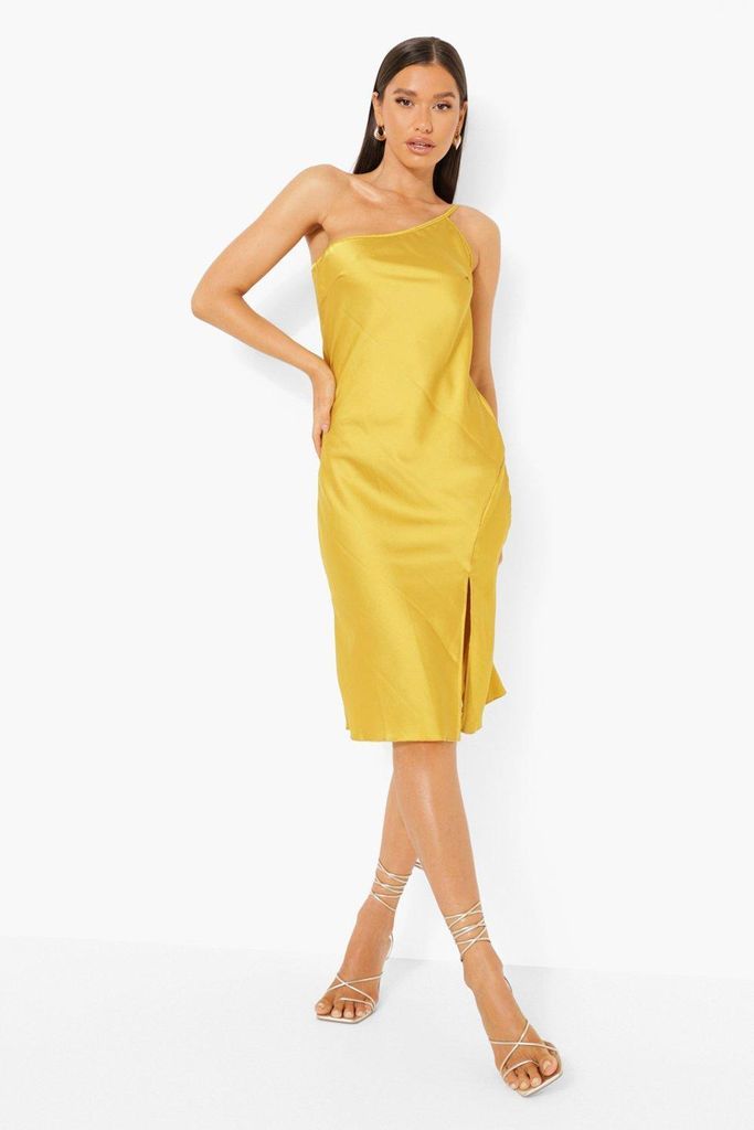 Womens Satin One Shoulder Strappy Midi Dress - Yellow - 10, Yellow