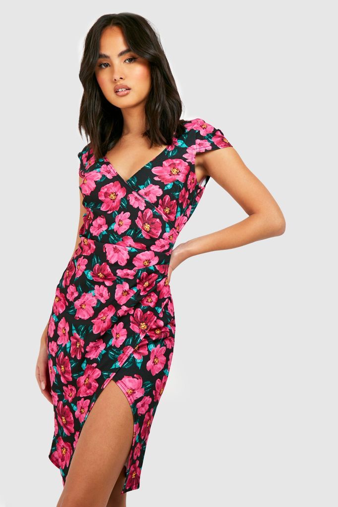 Womens Floral Print Cap Sleeve Wrap Midi Dress - Multi - 16, Multi