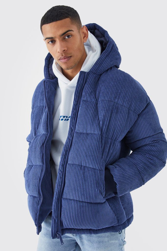 Men's Cord Panelled Hooded Puffer - Blue - S, Blue