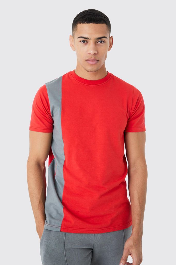 Men's Man Slim Fit Colour Block Panel Tshirt - Red - S, Red