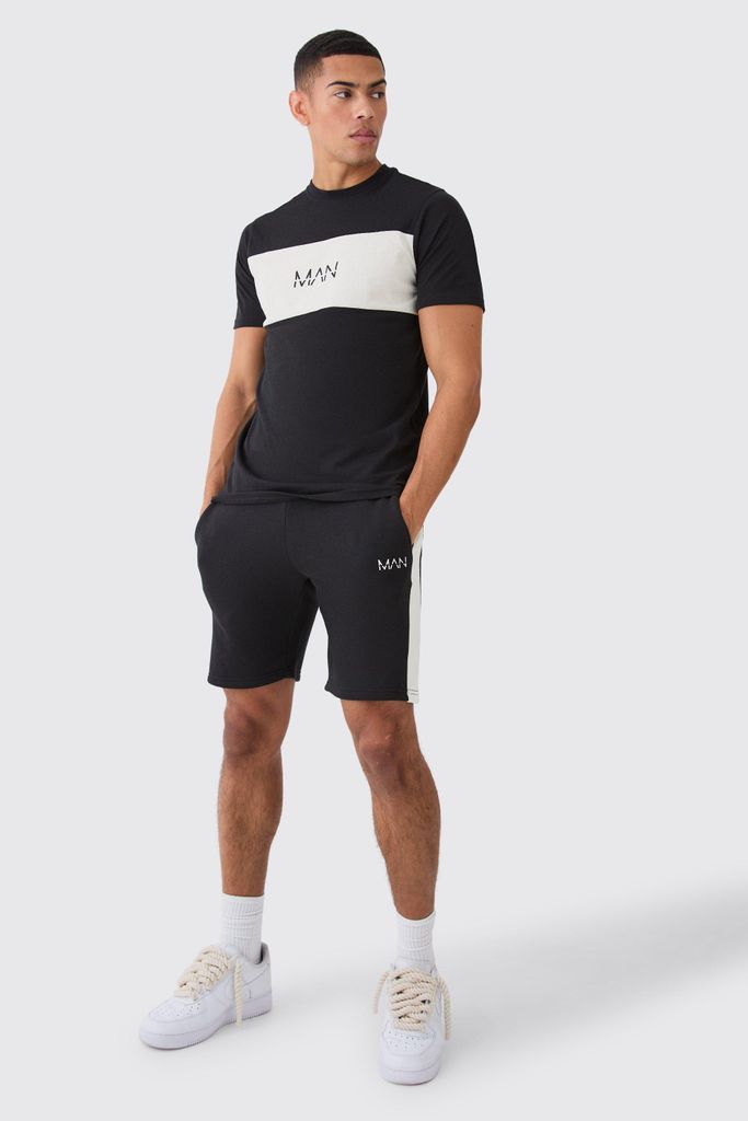 Men's Man Slim Fit Colour Block Panel Tshirt Set - Black - S, Black