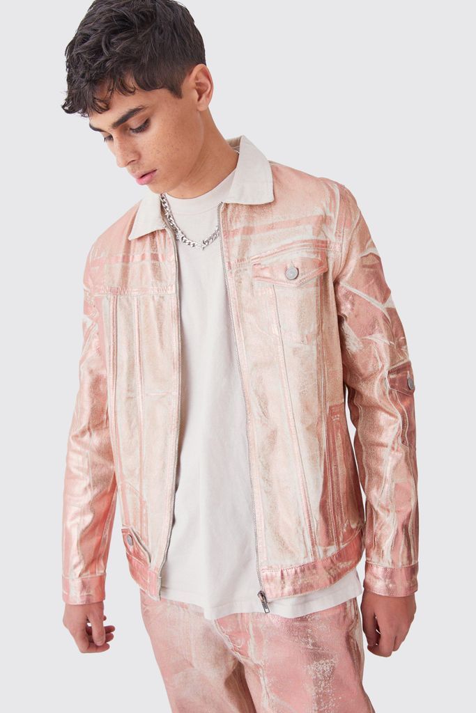 Men's Metallic Print Denim Jacket - Pink - S, Pink